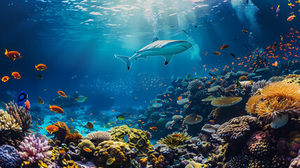 Beneath the Waves: A vibrant coral reef teeming with life, illuminated by sunbeams piercing the surface. A lone shark gracefully glides through the crystal-clear water.