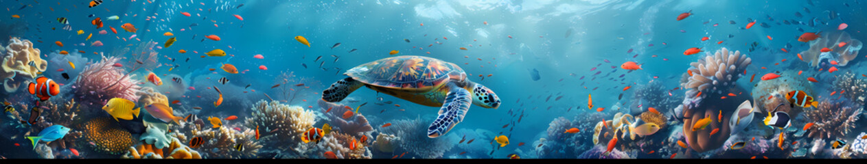 Fototapeta premium Sea Turtle in Vibrant Coral Reef: A majestic sea turtle gracefully glides through a vibrant coral reef teeming with colorful fish and marine life, creating a breathtaking underwater scene. 