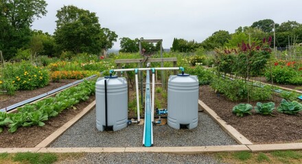 Efficient garden irrigation system with water storage tanks