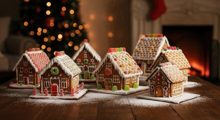 Decorated gingerbread houses on festive dining table near Christmas tree with lights