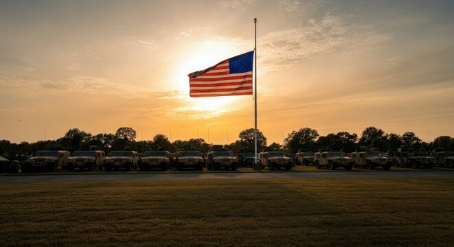 American flag at half-staff sunset with military vehicles lined up in background