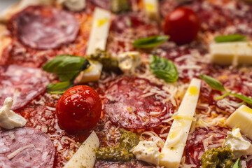 Pizza textured background. Pepperoni Pizza Close-Up. High quality photo