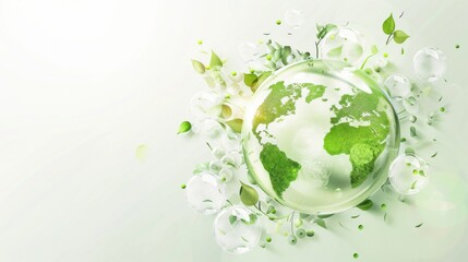 A conceptual illustration of a green planet Earth surrounded by transparent energy bubbles,...