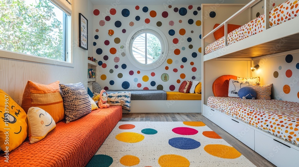 Poster A colorful room with a window and a round window
