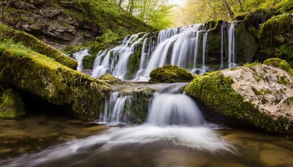 Fototapeta premium Gentle Waterfall Cascading Over Moss-Covered Rocks in a Peaceful Forest Glade