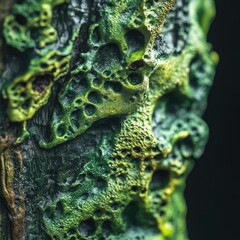 Close-up of moss growing on a tree trunk, showcasing intricate details and vibrant green hues in macro photography