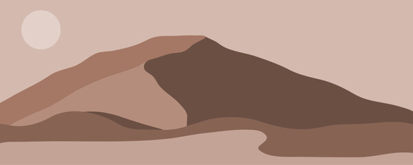 Abstract art mountain landscape in brown, beige, mocha color of the year 2025. Minimalistic style vector illustration of desert, dune for poster, banner, textile, wall art, interior decor. 