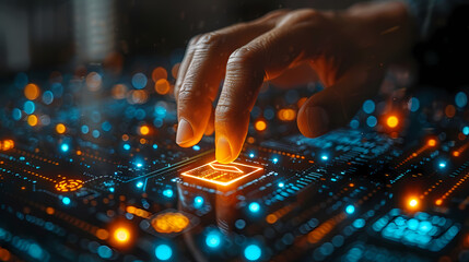 Connecting the Dots: A single finger hovers over a glowing, digital representation of a user, embedded within a complex circuit board,  evoking a sense of interconnectedness.