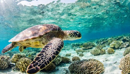 Fototapeta premium Sea Turtles Swimming Gracefully Over Coral Reef in Crystal Clear Ocean Waters