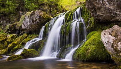 Naklejka premium Gentle Waterfall Cascading Over Moss-Covered Rocks in a Peaceful Forest Glade