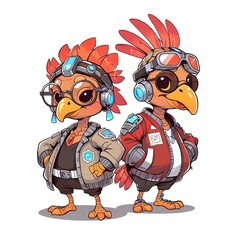 Fototapeta premium Cyberpunk Chicken Duo: Futuristic Feathered Friends