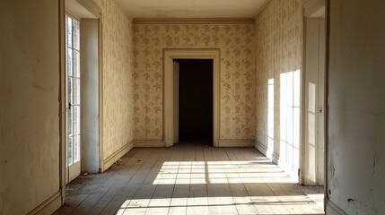 Sunlit hallway in abandoned house.