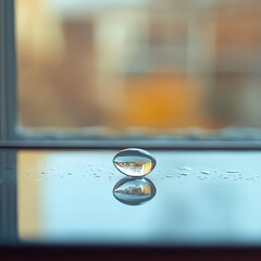 A single raindrop resting on a glass surface, captured in a macro shot, with reflections of natural light highlighting its simplicity and delicate form.