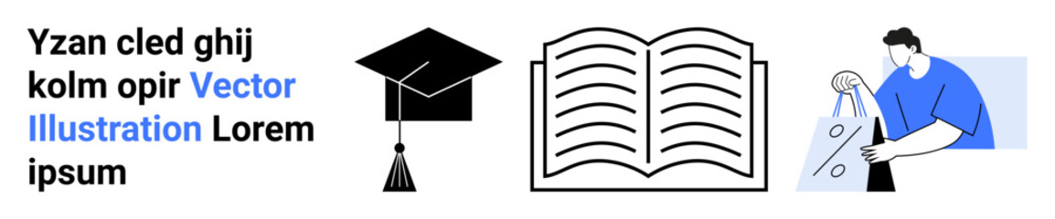 Graduation cap, open book, and person working on laptop showcasing education, learning process, knowledge. Ideal for educational websites, learning platforms, school projects, online courses