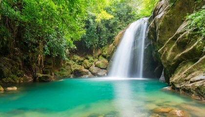 Obraz premium Hidden Waterfall Cascading into Emerald Pool Surrounded by Lush Jungle Vegetation