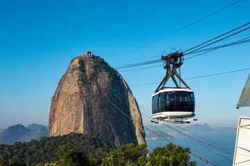 View panoramic with cable car and Pao de Acucar and view of Rio de Janeiro, Brazil.