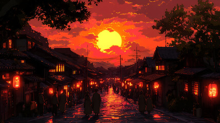 Sunset Glow Illuminates An Ancient Asian City Street