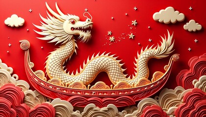 Obraz premium Festive Lunar New Year dragon boat illustration with ornate golden dragon, red waves, and symbolic clouds against a vibrant red backdrop