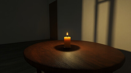 Dark room with single candle flickering on wooden table during power outage, symbolizing temporary darkness and reliance on alternative light sources.

