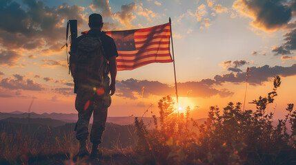 Patriotic Sunset Silhouette: A silhouetted soldier stands proudly before a waving American flag at sunset, symbolizing courage, sacrifice, and unwavering patriotism.