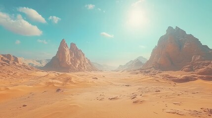 Naklejka premium Vast desert landscape with mountains under a bright sky.