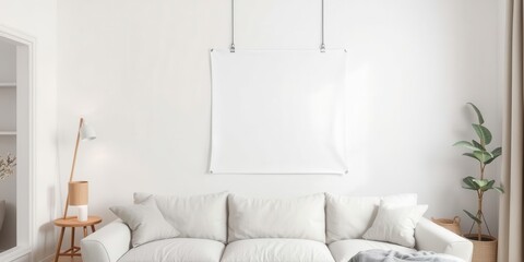 A poster mockup hanging on wooden clips on a white wall in a living room setting, home, white, hanging