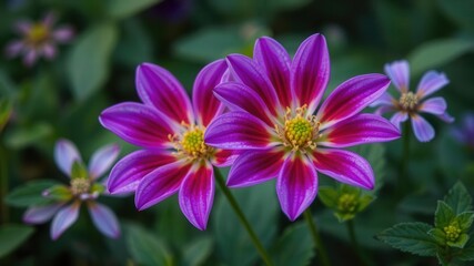 Close up shot of vibrant purple flower petals and delicate green leaves in a natural setting, green, petals