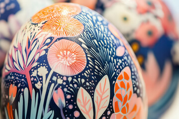 Detailed close-up of beautifully painted Easter eggs with intricate floral patterns, soft natural light, delicate and artisanal feel