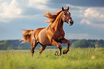Chestnut horse running across wide open field mane flying summer sun highlighting its beauty
