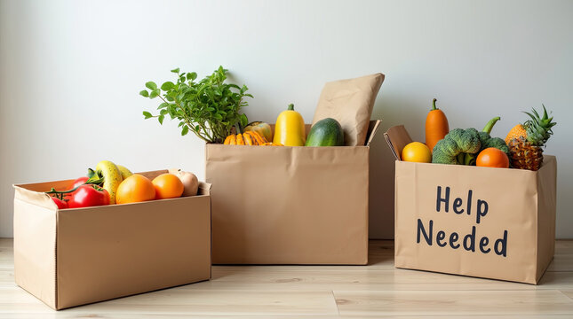 Community food donation boxes filled with fresh produce placed in a light-filled room encouraging support for those in need