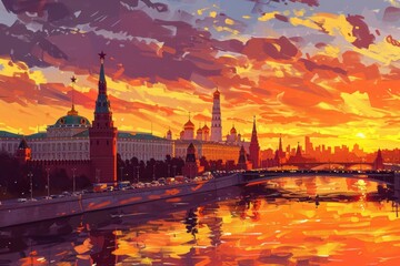 Naklejka premium Artistic illustration of Moscow, Russia at dusk with glowing city lights