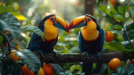 Obraz premium Toucans in Love: A vibrant pair of toucans with their iconic large beaks, nestled amidst lush foliage, engage in a tender embrace.