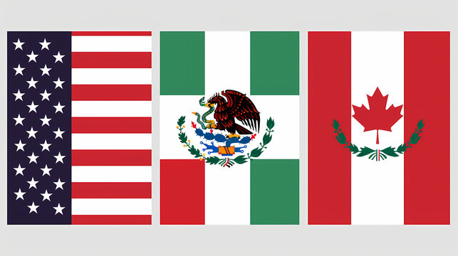 USMCA Flags: The national flags of the United States, Mexico, and Canada displayed side-by-side, symbolizing the United States-Mexico-Canada Agreement (USMCA).