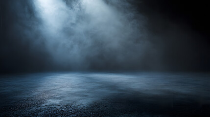 Empty street with a spotlight illuminating asphalt and smoke
