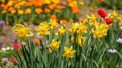 Obraz premium Vibrant daffodil flowers blooming in a vast field under the bright sun, flowers, sunny garden, outdoor