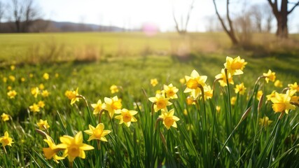 Obraz premium Vibrant daffodil flowers blooming in a field on a sunny day, countryside, sunlight
