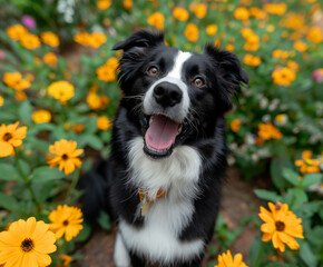 Fototapeta premium Happy black and white dog in a garden with yellow flowers and nature background