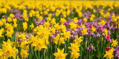 Vivid yellow daffodil flowers blooming enthusiastically in a vast field under the bright sun, flowers, beauty