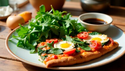 Spinach and egg pizza with arugula and tomatoes