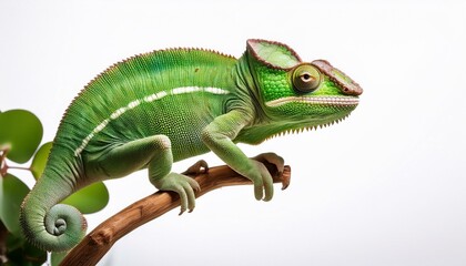 白い背景に映える緑色のカメレオンが枝にぶら下がる生き生きとしたシーン
