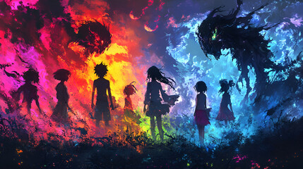 Anime Children Confronting Fiery And Icy Beings