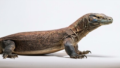 Obraz premium 白い背景に堂々と立つコモドドラゴン、鮮明な鱗の質感とディテールが際立つシンプルな構図 