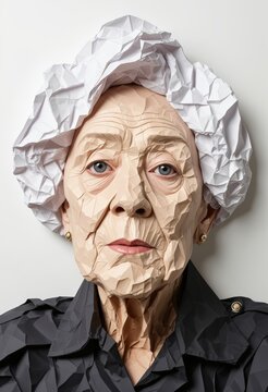 Surreal Elderly Woman Portrait with Crumpled Paper Skin