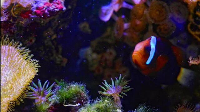 leather coral capitulum green majano anemone polyp move tentacle in water flow, live rock reef marine aquarium, green hair algae, experienced aquarist hobby, tomato clownfish blur, LED blue light