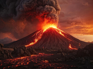 Fototapeta na wymiar A dramatic photorealistic view of an erupting volcano at sunset, with fiery lava flows, billowing smoke, and ash clouds filling the glowing sky. Generative AI