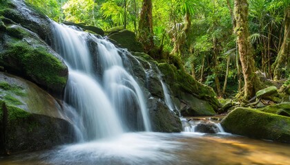 Flowing Waterfall Cascading Over Mossy Rocks in a Shaded Tropical Forest