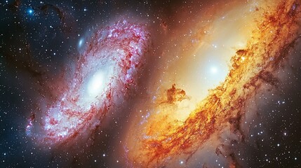 Fototapeta premium Two interacting galaxies, vibrant colors, cosmic dust and gas.