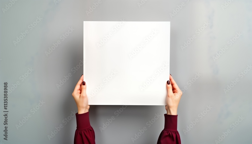 Poster woman holds blank paper sheet. hands hold empty poster. blank space for design. gray background. pos