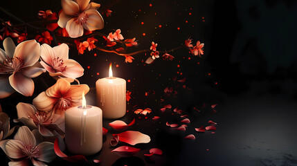Tranquility & Remembrance: Two lit candles glow softly amidst delicate peach blossoms and scattered petals, casting a warm, ethereal light against a dark background. The scene evokes a sense of peace.