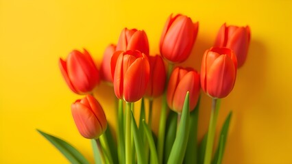 Naklejka premium Bouquet of red tulips on a yellow background